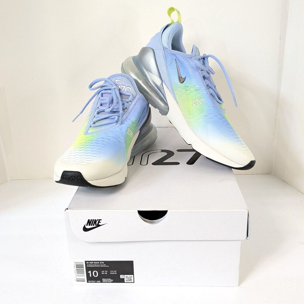 Nike Air Max 270 Aluminum Metallic Silver Womens 10 NIB IB 7937468 Blue Yellow